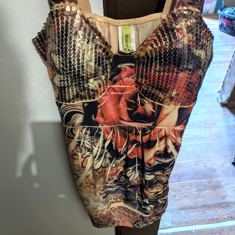 Sequin Floral Dress with Animal Print Straps